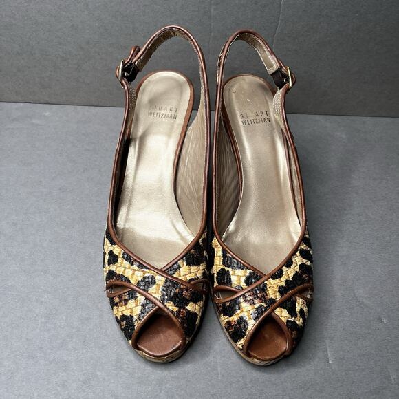STUART WEITZMAN Leopard Wedges Women Sz 8.5N Sling Back Tan Black Peep Toe Heels - Picture 2 of 9